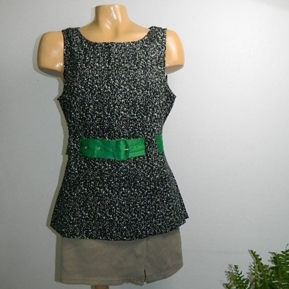 Ann Taylor Silk Blouse Womens 10 Black Green Belted Sleeveless Top Structured